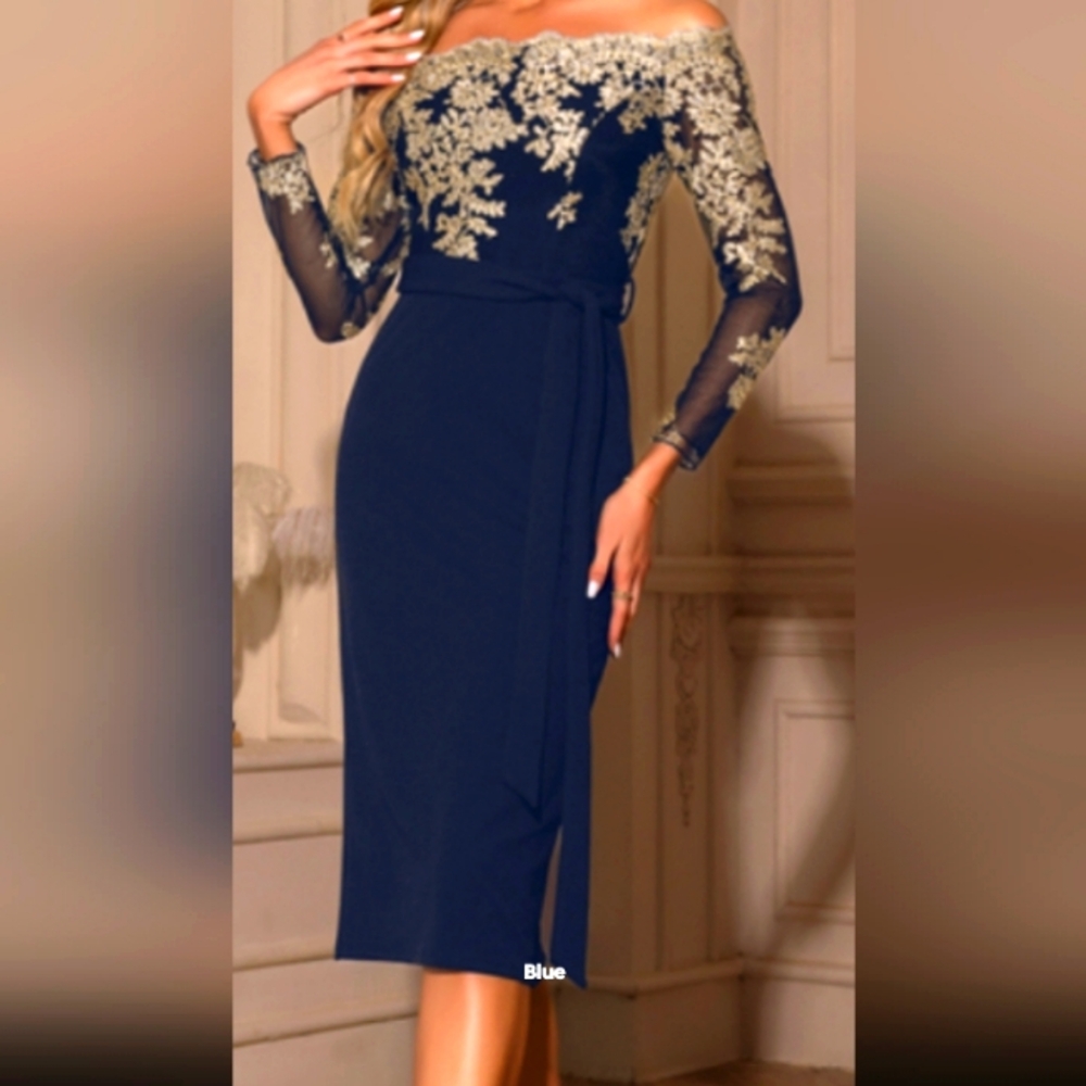 Elegant Navy Blue Off-Shoulder Dress